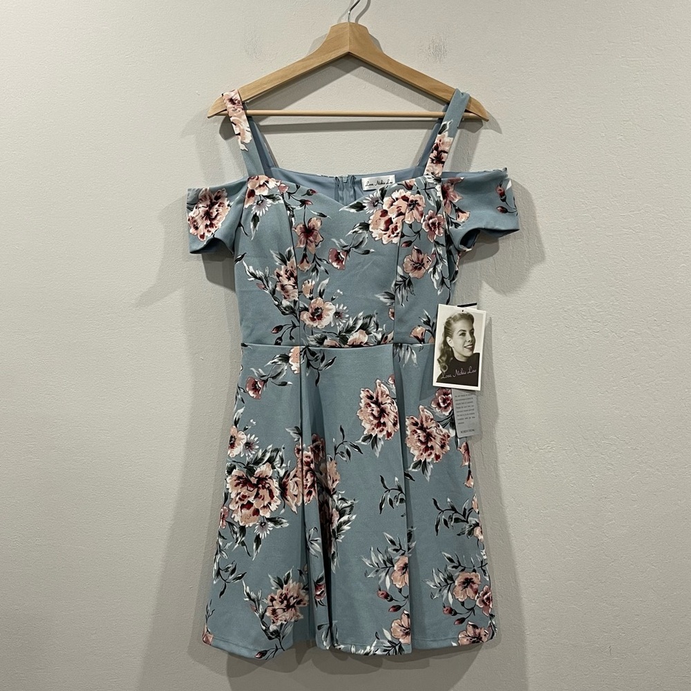 NWT Love, Nickie Lew Blue Floral Cold Shoulder Mini Fit & Flare Dress Medium